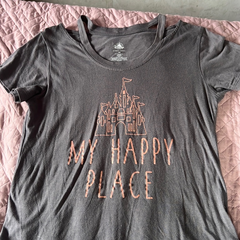 Disney shirt says my happy place and it has glitter on it